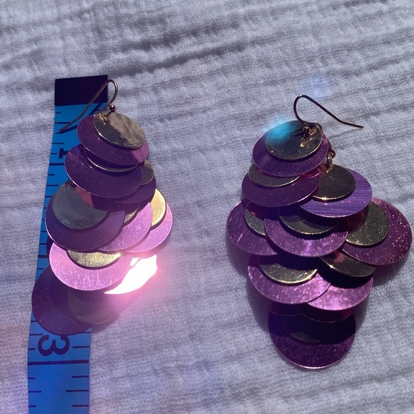 Purple Gold sequin paillette chandelier earrings‎ dangle 3 inch long lightweight - Picture 3 of 8
